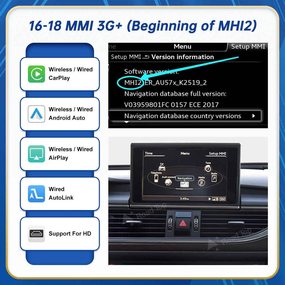 Road Top Wireless Android Auto For Audi Car A6 A7 RMC 3G MMI MHI2 2012-2018 Carplay Interface Mirror Link Air Play CM World