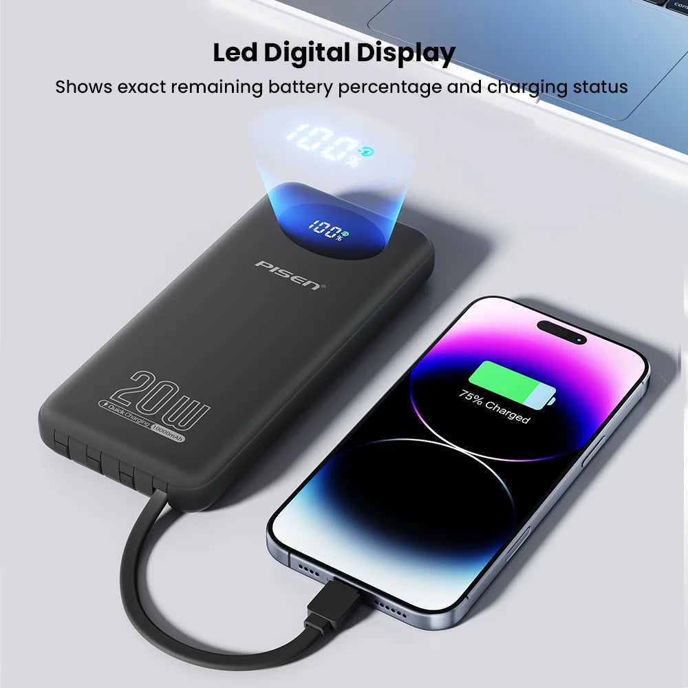 PISEN 3C Certified Power Bank 10000mAh & 20000mAh 20W Fast Charging Powerbank With 4 Built-in Cables For iPhone Samsung Xiaomi Car Mobile World
