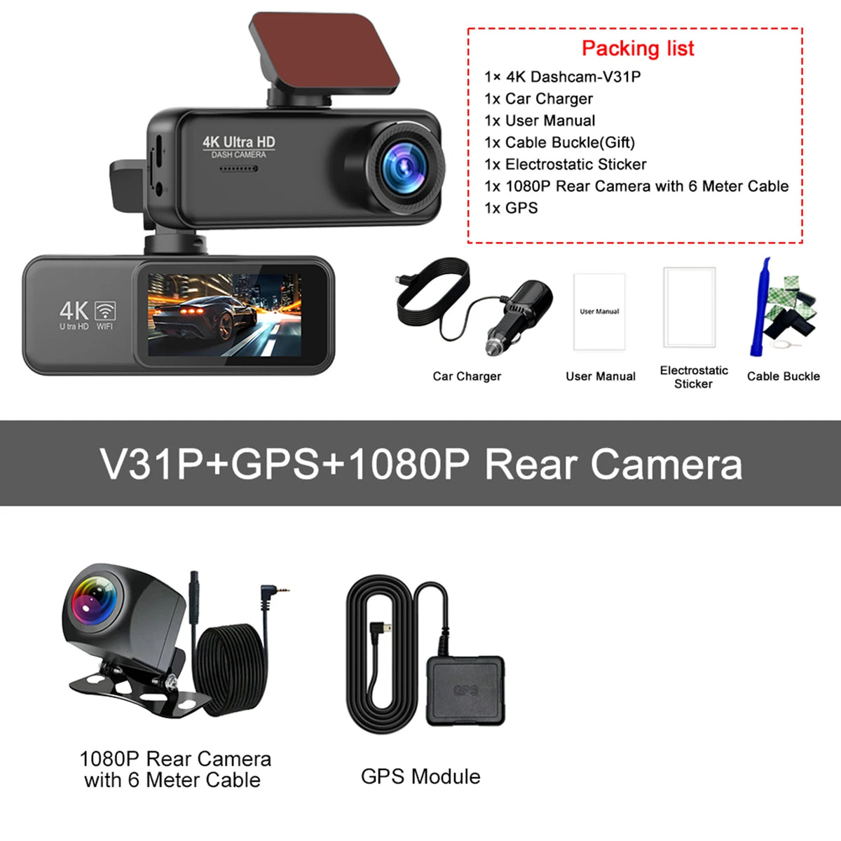 Kocam 4K Dash Cam Front and Rear Dual Channels Dashcam With 24H Parking Monitoring Night Vision DVR Recorder Black Box For Car