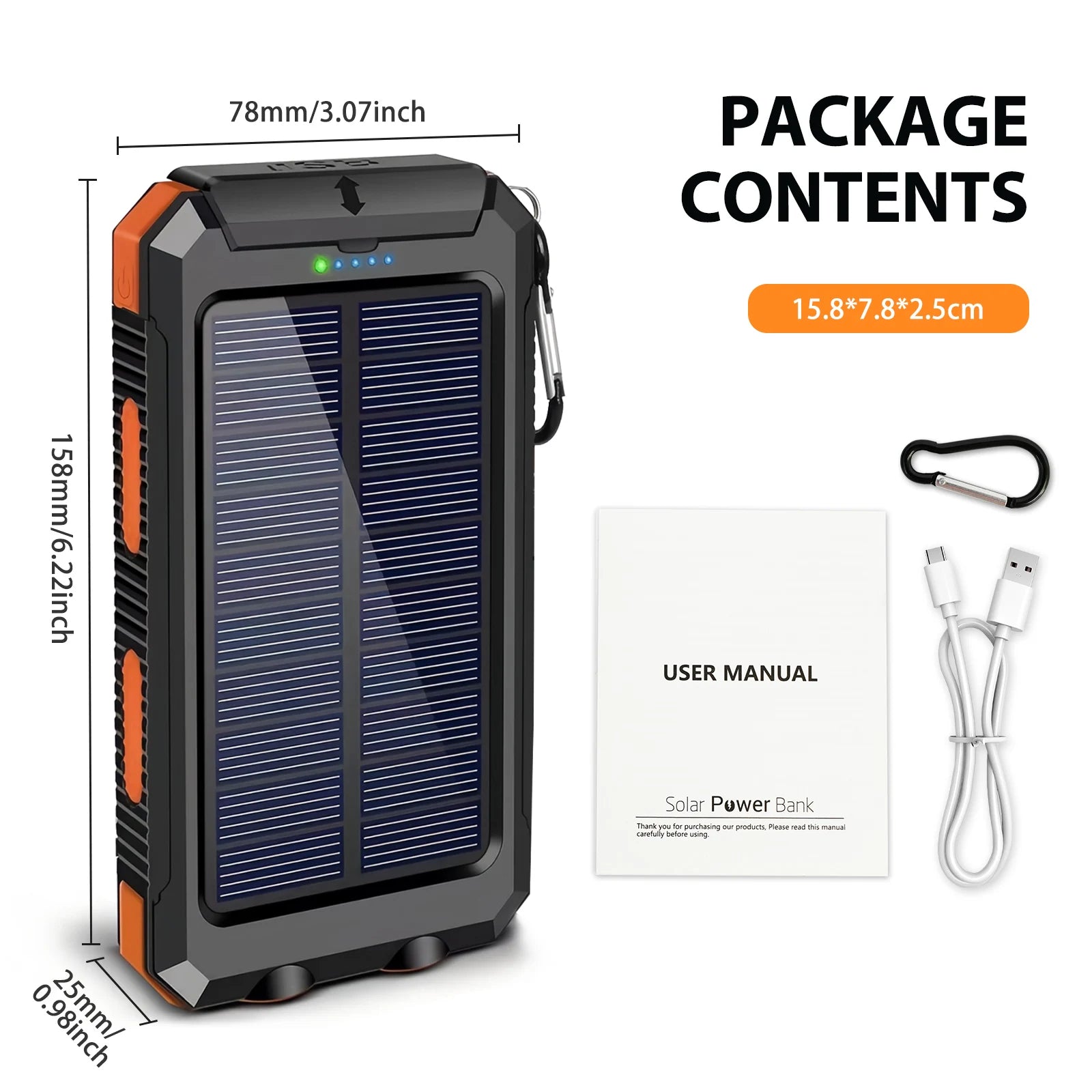 30000mAh Portable Solar Power Bank External Battery Waterproof Dual 5V 1A USB Ports LED Flashlight for iPhone Samsung Tablets Car Mobile World
