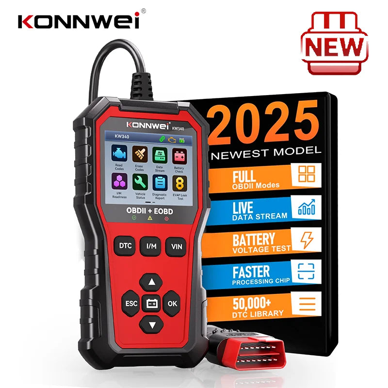 2026 KONNWEi KW340 Car CAN OBD2 EOBD Diagnostic Tool Engine Battery Test Read Fault Code Clear Real-Time Data O2 Inspection Tool CM World