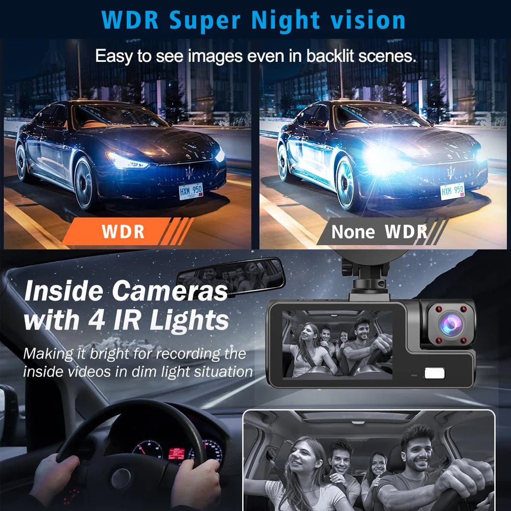 Car WiFi Dash Cam 3 Cameras FHD 1080P Video Recorder 3 Channel Front Rear View Night Vision Black Box DVR for Vehicle Safety