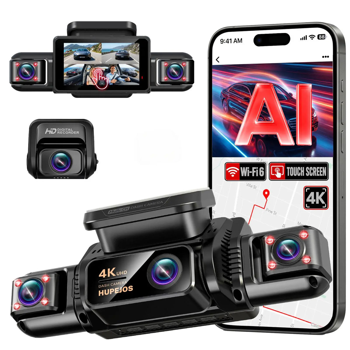 HUPEJOS V9 4CH 360° 4K Dash Cam, AI DMS Monitor, WiFi & GPS, Night Vision, Touch Screen & Voice Control, 24/7 Parking Mode