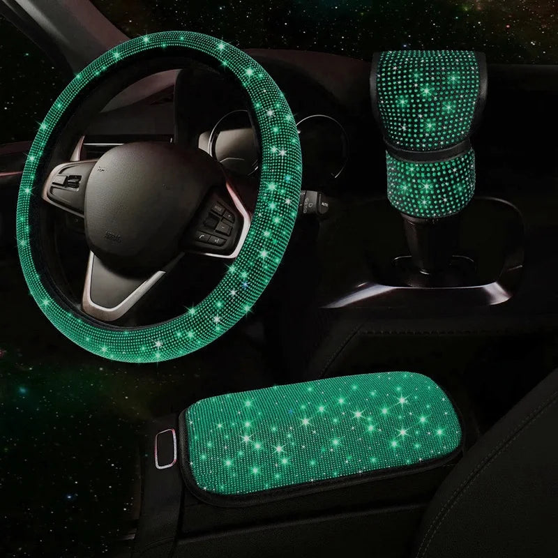 3Pcs Car Accessories Set for Women Steering Wheel Cover Gear Shift Cover Armrest Pad Mat Bling Auto Diamond Decortion Styling CM World