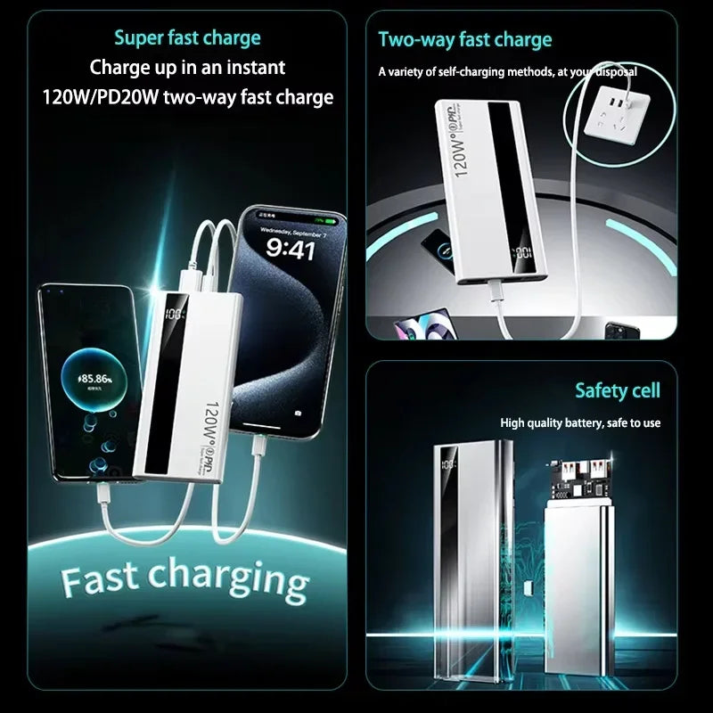 For  Xiaomi 120W 200000mAh High Capacity Power Bank Super Fast Charging Portable External Battery Power Bank For Iphone Samsung Car Mobile World