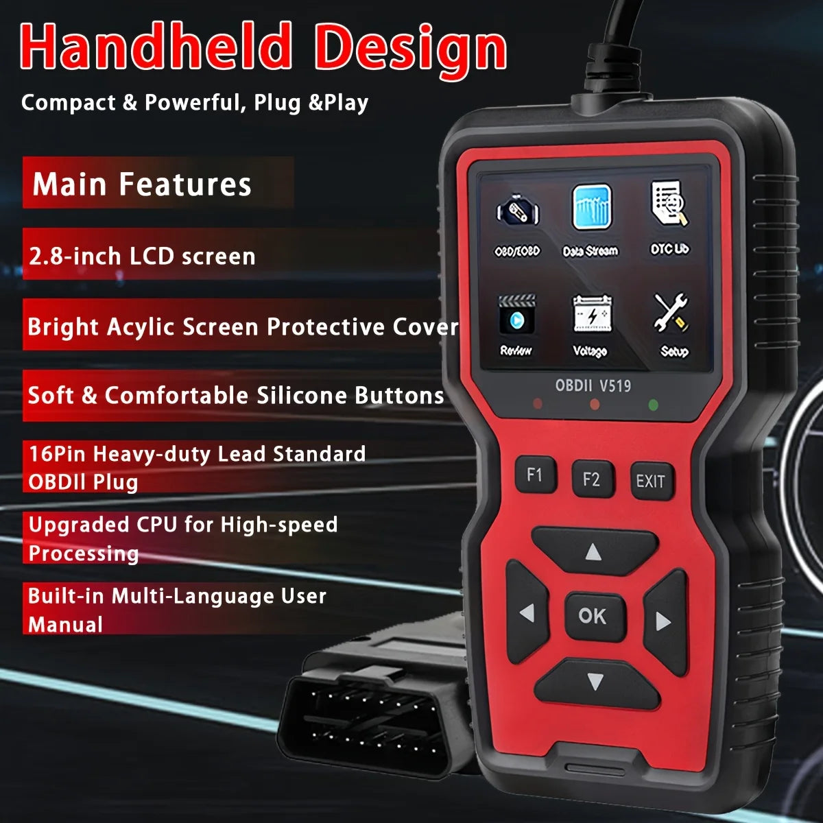 2024 V519 Professional Obd2 Scanner - Usb-Powered Automotive Diagnostic Tool with Real-Time Data Stream, Full-Featured Obd Ii Testing (I/M Ready, Bod2/Eobd), Clears Engine Fault Lights, Reads/Erases Codes for Most Vehicles, A CM World