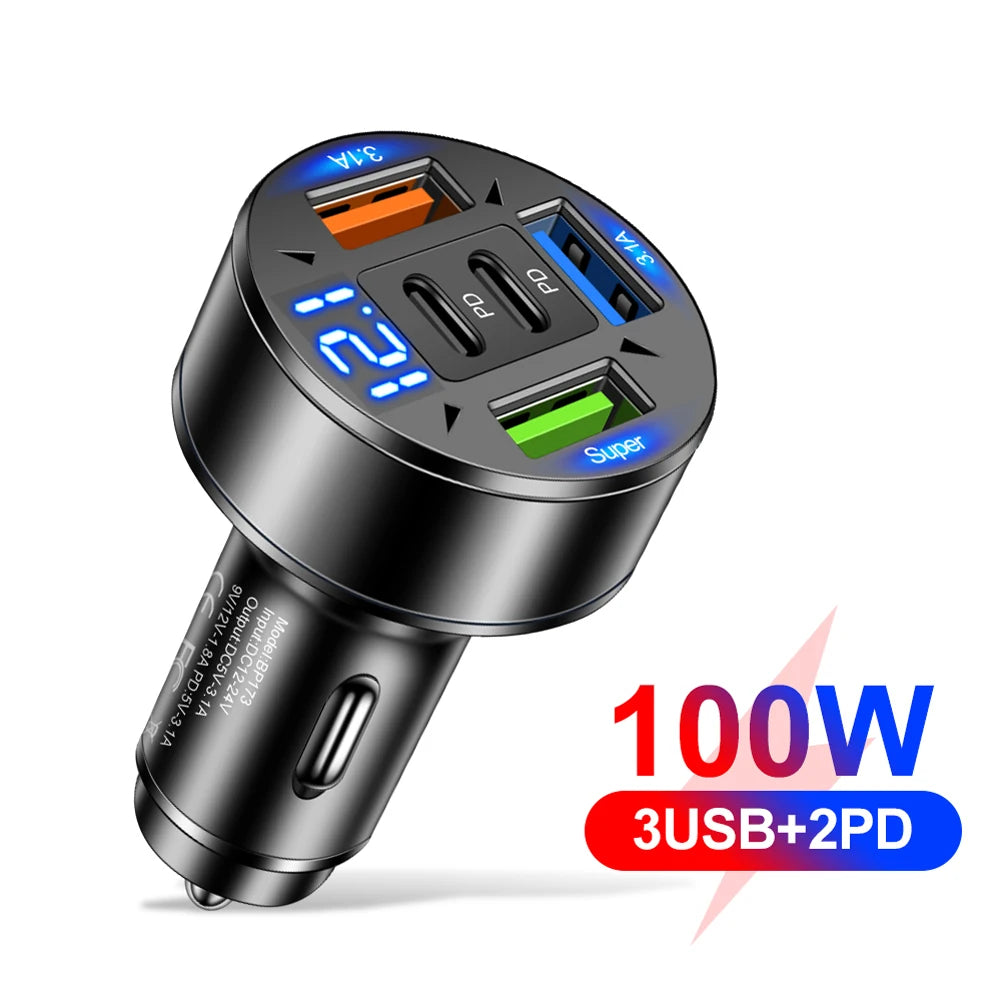100W 5 Ports Car Charger Fast Charging PD QC3.0 USB C Car Phone Charger Adapter With Voltage 12V-24V Cigarette Lighter for Car Car Mobile World