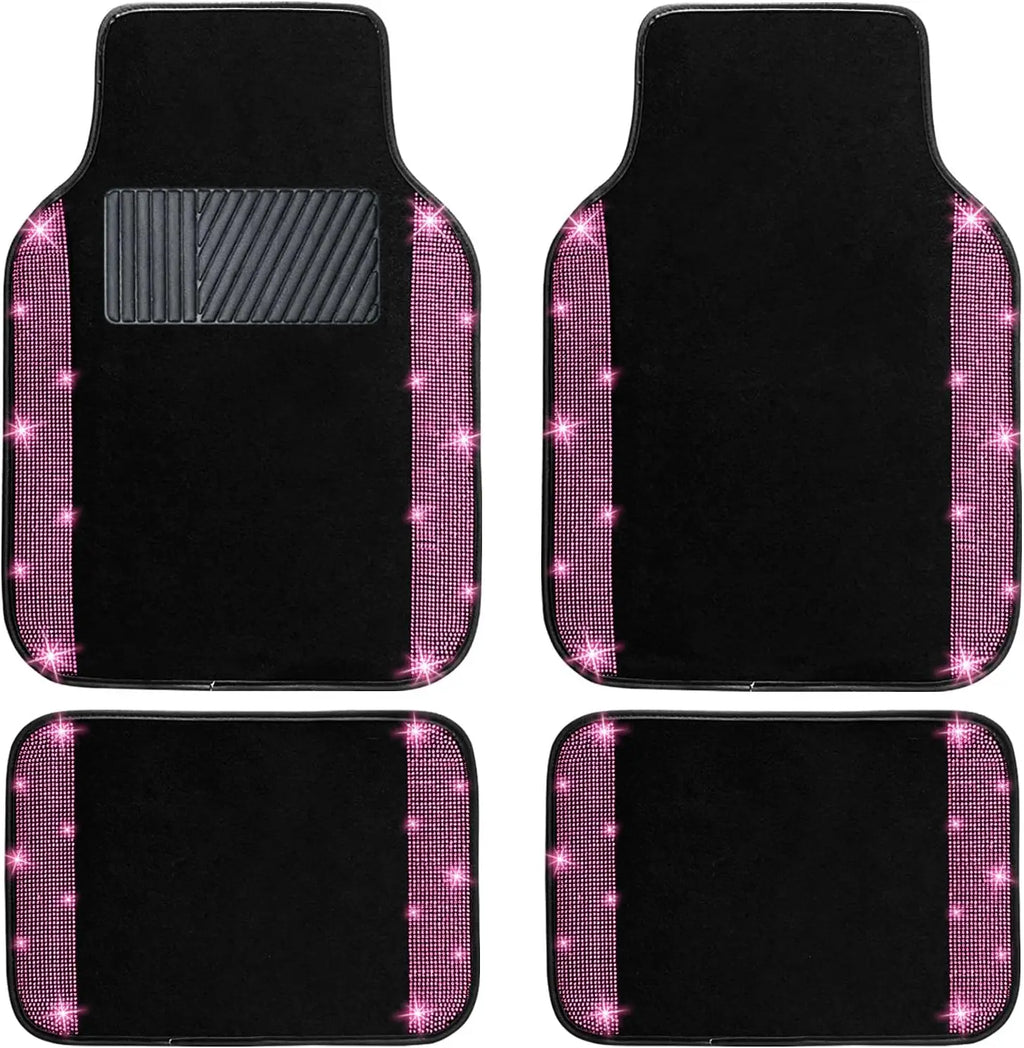Bling Car Floor Mats Full Set, Universal Fit Most Cars,SUV, 4 pcs Sparkle Glitter Diamond Carpet for Women with Anti-Slip Pad