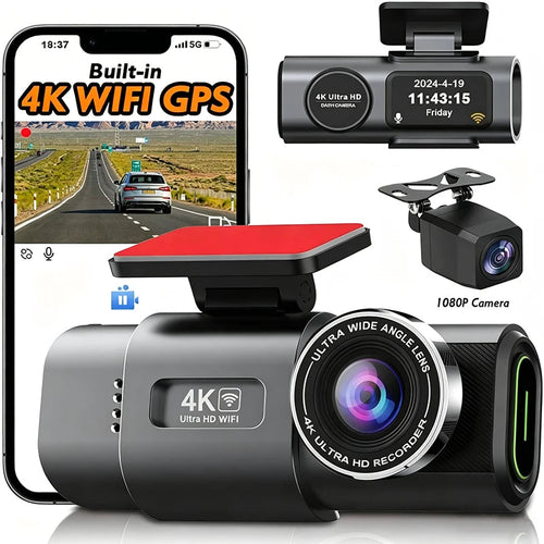 4K UHD Recording Dash Cam Video Recorder Car Camera DVR Night Vision Wi-Fi GPS 24H Parking Mini Front Rear Black Box Monitor Car Mobile World