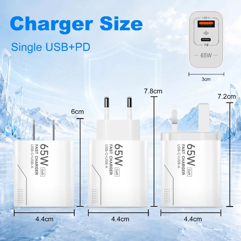 Lenovo 65W GaN USB C Charger 2-Port Fast Charging Phone Charger Power Adapter For iPhone Samsung Type C EU/US Plug Wall Charger