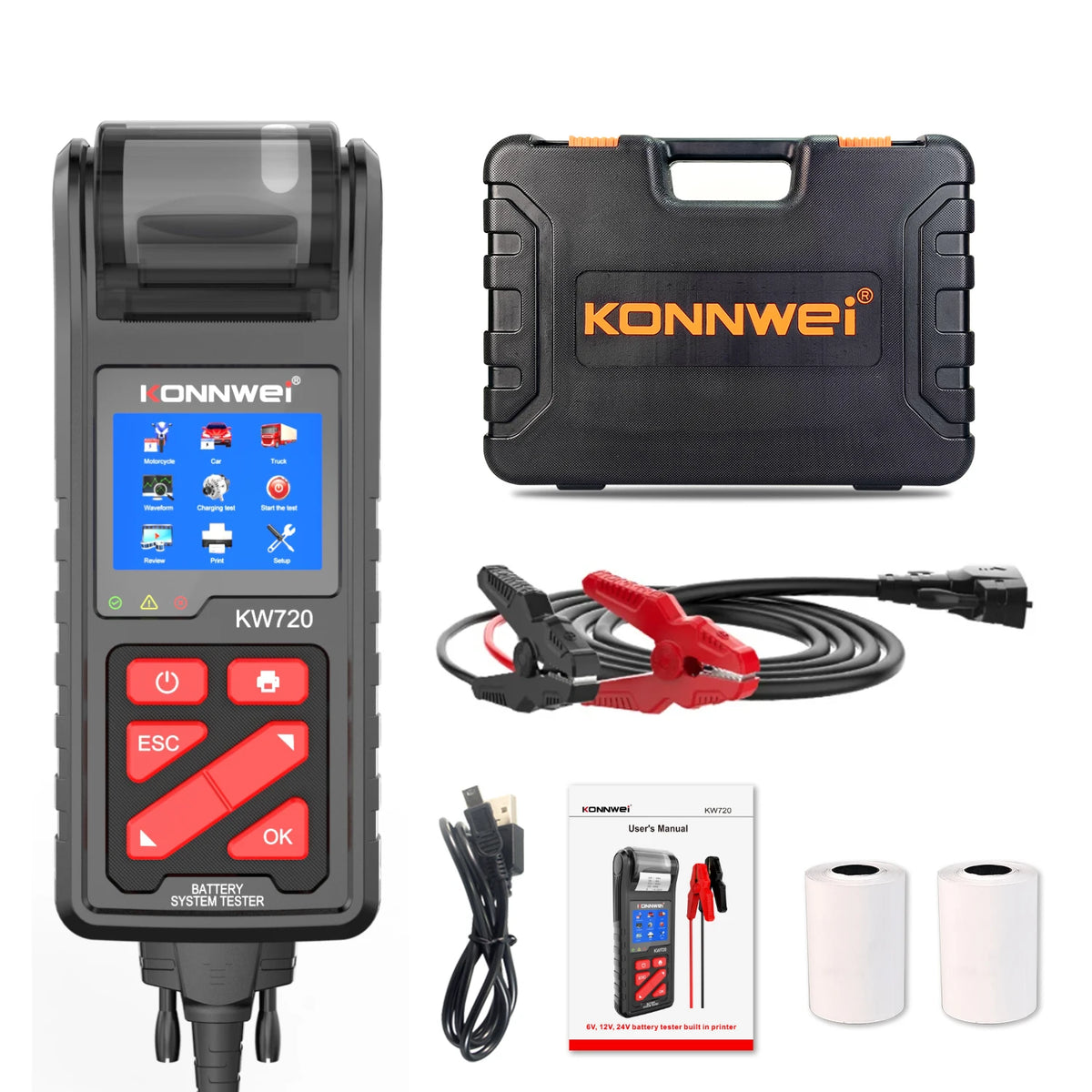 KONNWEI KW720 6V 12V 24V Battery Tester Analyzer Charging Cranking Test Tool for Car Motorcycle Truck with Integrated Printer