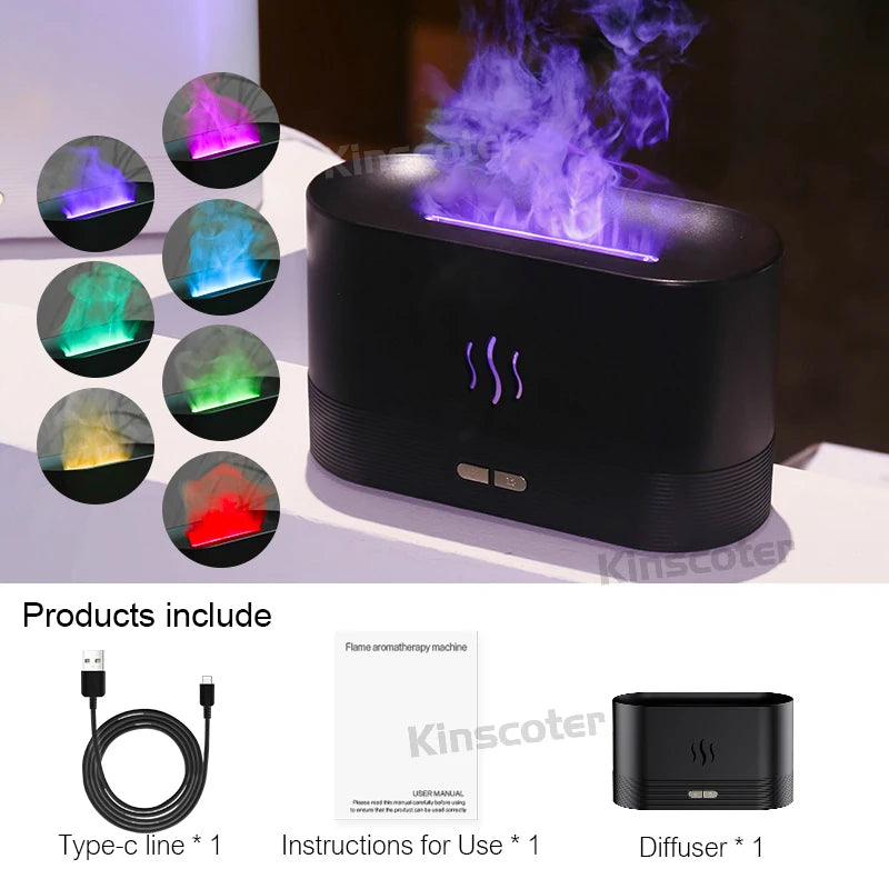 USB Desktop Flame Aroma Diffuser Humidifier 7 Colors Simulation Light Aromatherapy Air Purifier for Bedroom/Essential oil set CM World