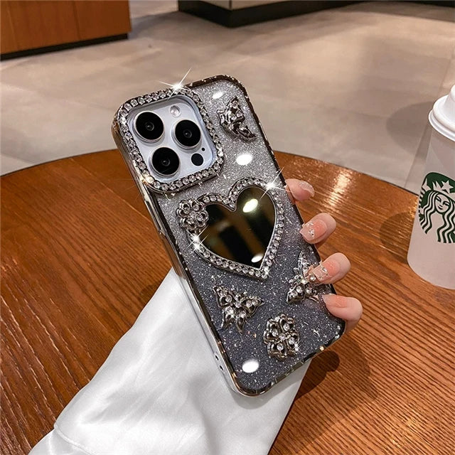 For iPhone 16 Pro Max Luxury Flash Glitter Butterfly Love Mirror Plating Frame Phone Case For iPhone 13 14 15 Plus 17 Air Cover
