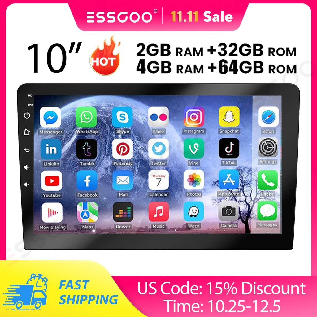 ESSGOO 10.1" Android 14 Carplay Car GPS Radio Stereo Double 2Din Head Unit FM SWC Bluetooth 4+64GB IPS Split Touch Screen WiFi CM World