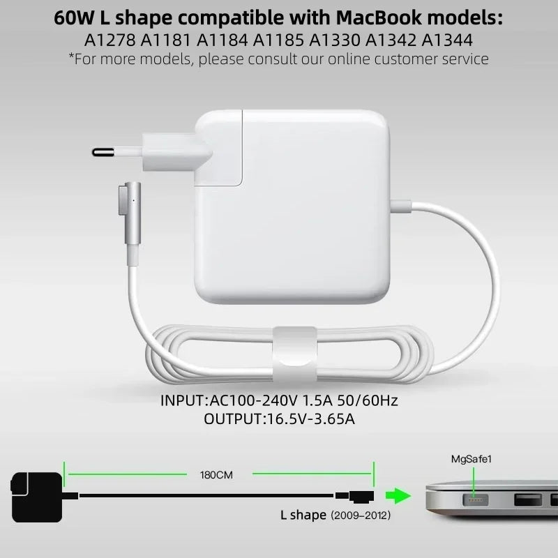 60W MagSafe 1 L Shape Power Adapter Charger, Replacement for MacBook Air/Pro A1278 A1181 A1184 & More Models, CE FCC Certified. Car Mobile World