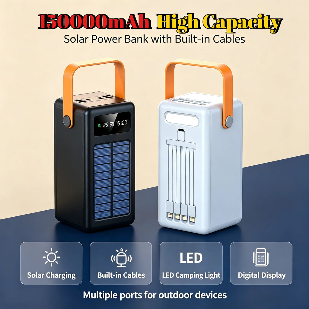 200000mAh Solar Panel Power Bank Fast Charging Portable Power Station External Battery Pack with Cable for Iphone Samsung Huawei