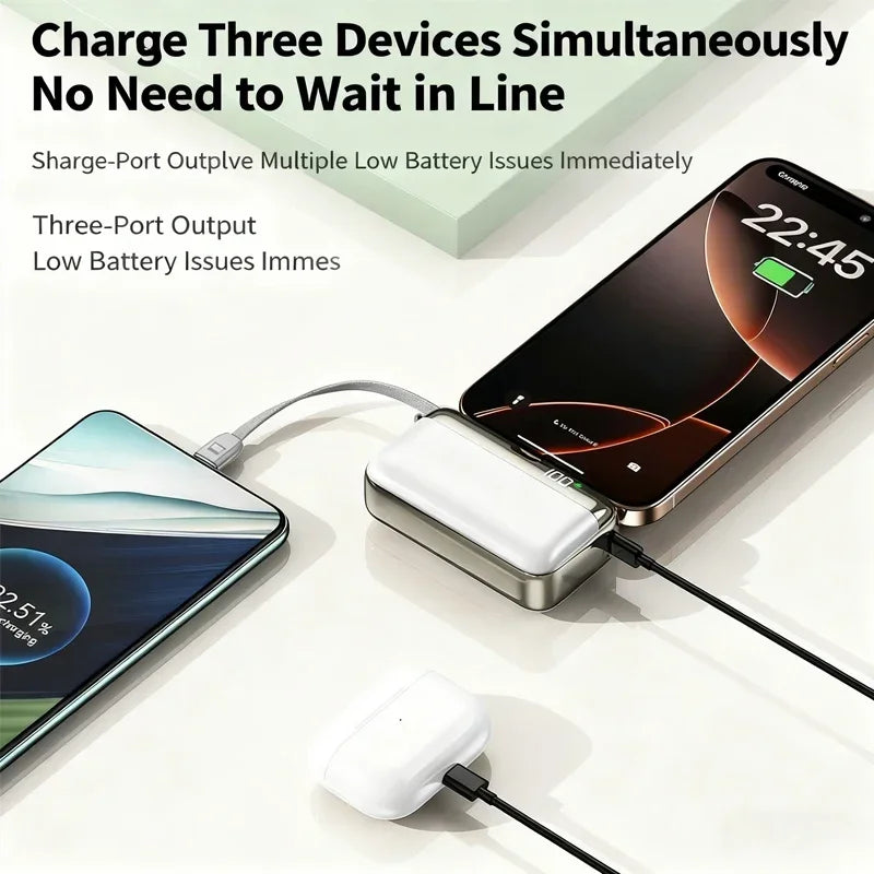 Mini Capsule Power Bank 20000mAh 22.5W Fast Charging USB-C Built-in Cable Portable Charger For iPhone Samsung Travel