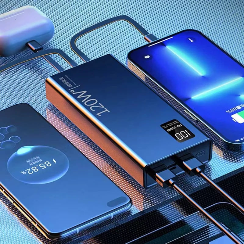Lenovo 120W 500000mAh Power Bank Built in 4 Cables Large Capacity Fast Charging Portable External Battery for iPhone Samsung New