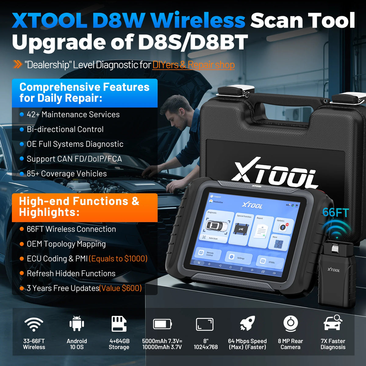 XTOOL D8W WiFi All System Diagnostic Tool With Topology Map 42+ Reset ECU Coding Key Programming CAN FD DoIP FCA Upgraded of D8