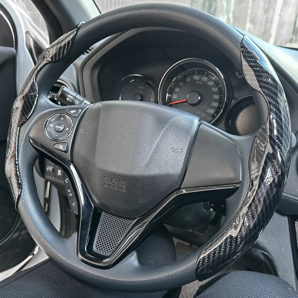 Car Steering Wheel Cover Set, Glossy Carbon Fiber Texture, 2-Piece Breathable and Anti-Slip Grip, Universal Fit Interior Upgrade CM World