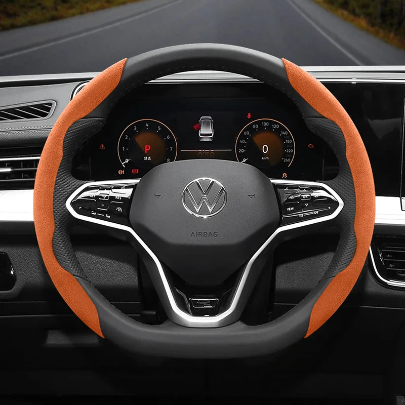 Suitable for Volkswagen Anti-Slip Buckle Segmented Suede Steering Wheel Cover Suitable for Polo Golf 5 6 7 Gol Cc Passat B6 B8 Jetta Scirocco T4 Crafter Taigo up Santana Nivus Tcros G3 Caddy Tiguan CM World