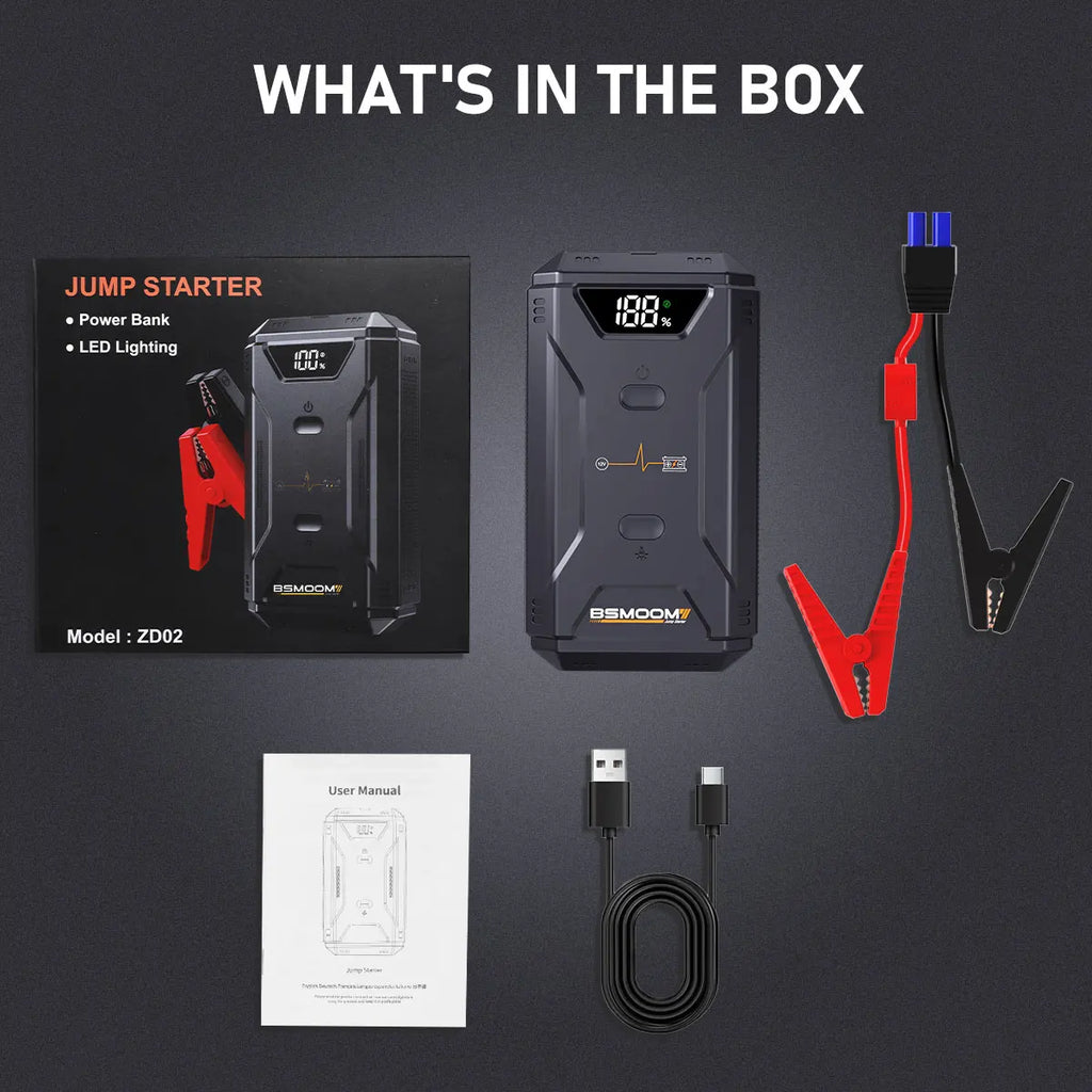 Portable Car Battery Jumper, 1500A Peak Car Jumper, 12V Portable Power Supply, Car Battery Jumper, Equipped with Smart Safety Jumper Cables, Includes 3-Mode LED Light