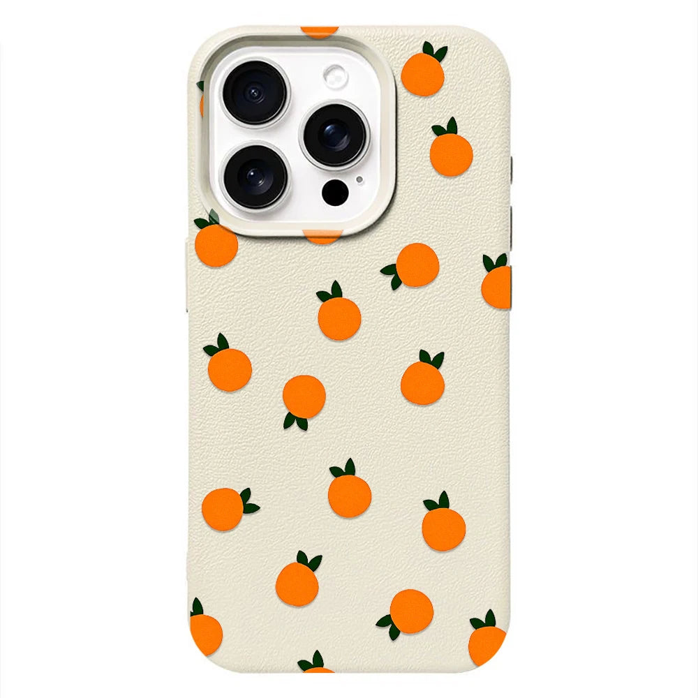 Lightweight Leather Cover For Iphone 14 Pro Max 13 12 11 17 16 15 17E Air Orange Flower Pattern Shockproof Soft Case