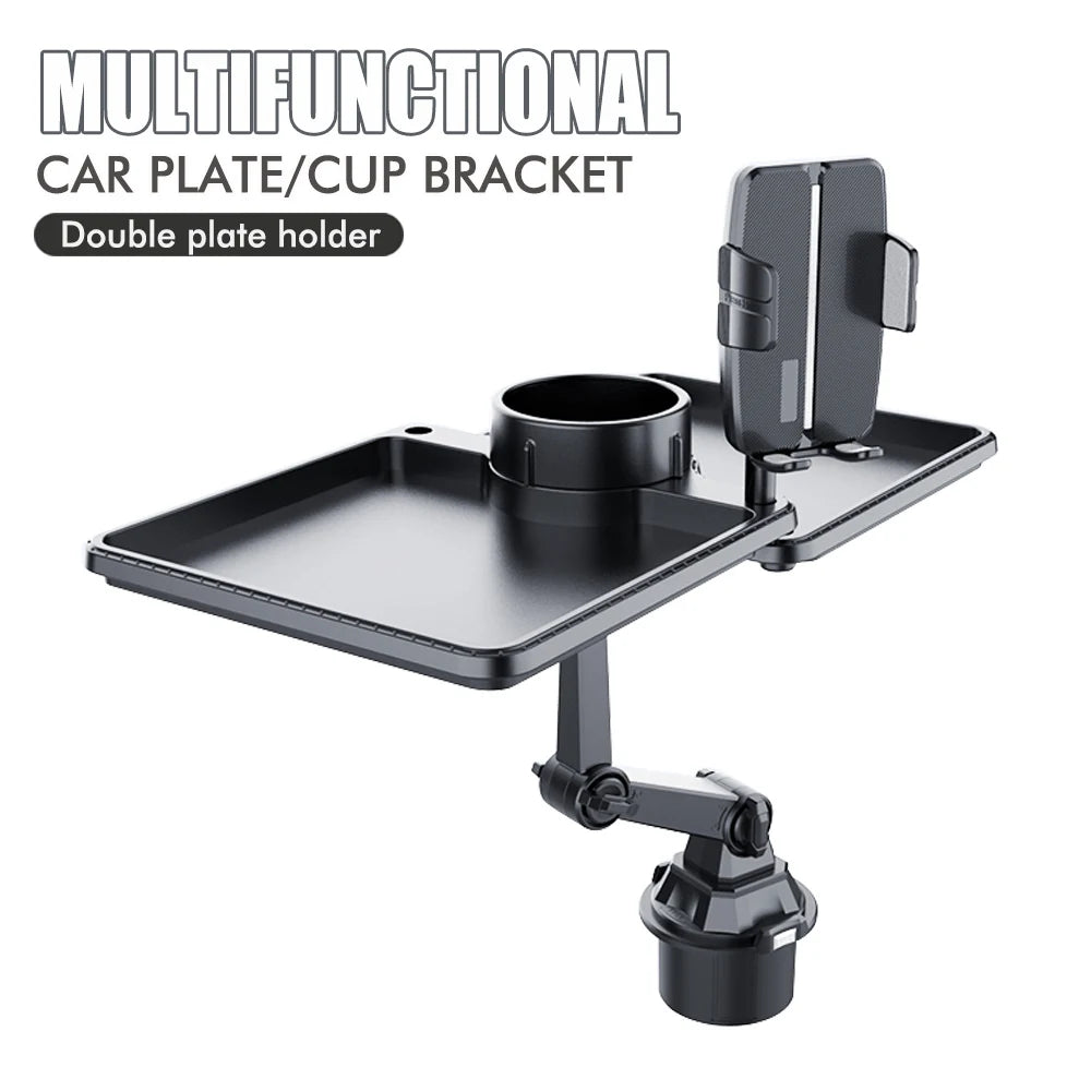 Car Dual Cup Holder Expander With Tray Phone Holder 360 Adjustable Table Slot Food Organized Tray Portable Drink Stand CM World