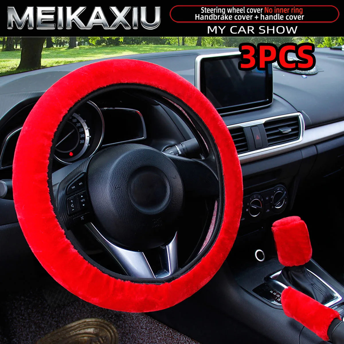 3PCS winter black and pink plush warm car non-ring steering wheel cover, handbrake cover, gearshift cover, women's style