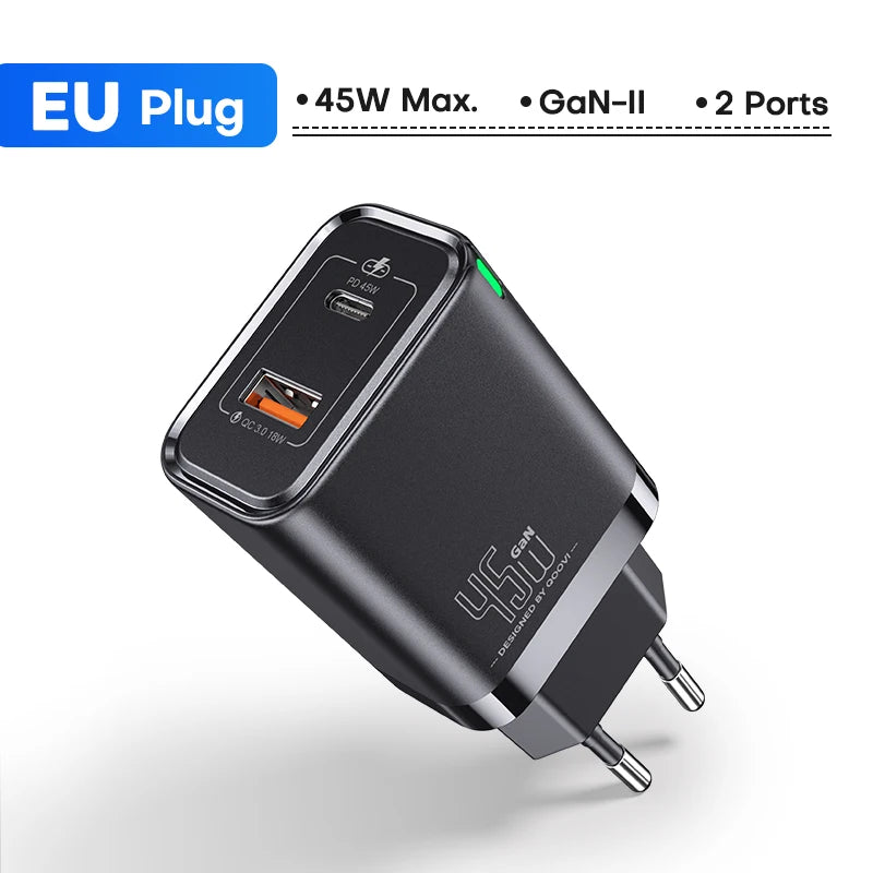 QOOVI GaN 45W USB Charger Fast Charging USB Type C Wall Charger PD QC3.0 Quick Charge For iPhone Samsung S23 S21 Laptop Tablet Car Mobile World