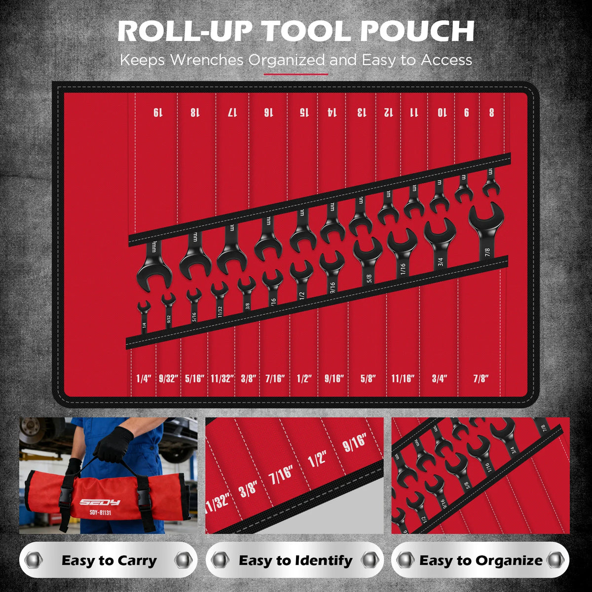 SEDY 24Pcs Ratcheting Wrench Set 72-Tooth CR-V Steel with Durable Black Finish Ratchet Spanners with Roll-Up Tool Pouch Repair
