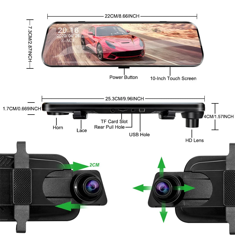 10 Inch Car DVR Car Touch Screen Driving Recorder Supports 1080P Front and Rear HD Night Vision Car Video Recorder