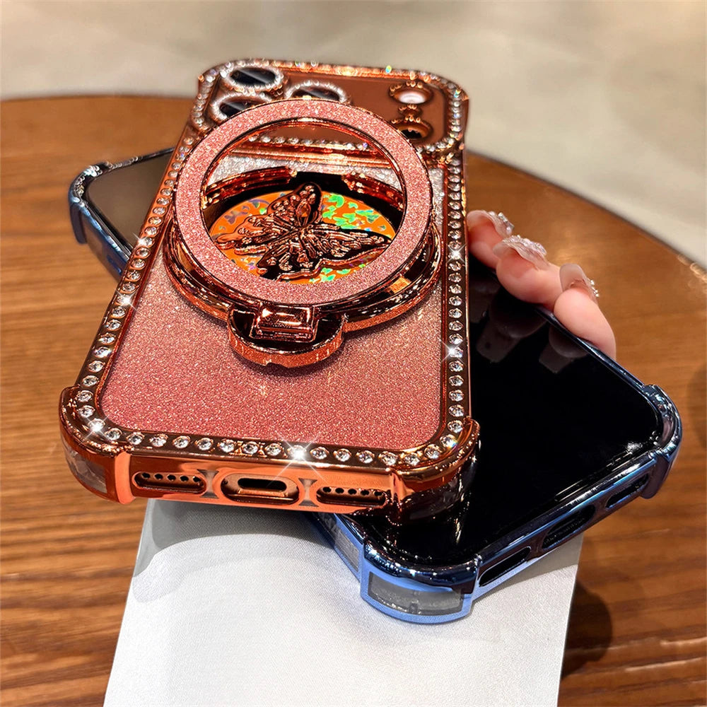 Rhinestone Lens Butterfly Bracket Glitter Phone Case for iPhone 17 16 Pro Max 15 14 13 Diamond Gradient Bling Shockproof Cover