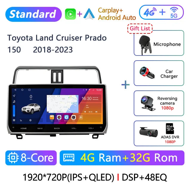 12.3" 2 Din Android Car Radio Multimedia DVD Player For Toyota Land Cruiser Prado 150 2018-2023 Navigation GPS Carplay Head Unit CM World