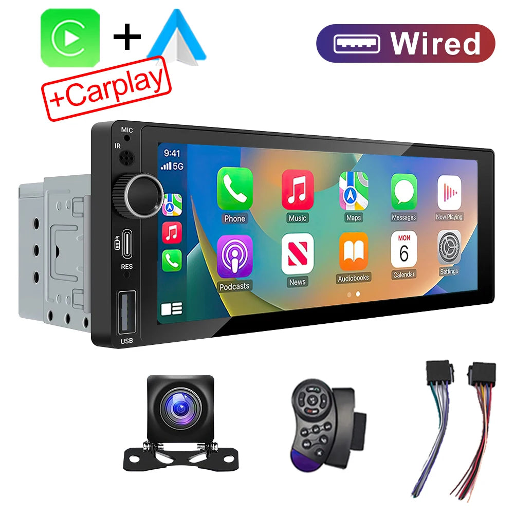 IPS 6.9 Inch 1Din Wireless Or wired Carplay Android Auto Car Radio Multimedia MP5 Player 1 Din DVD Bluetooth Stereo USB Charging CM World