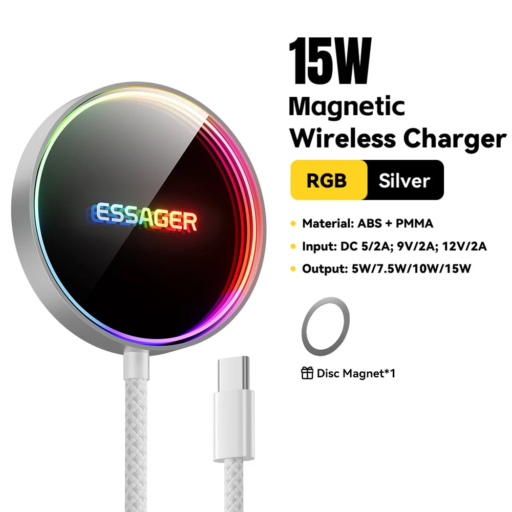 ESSAGER Magnetic Wireless Charger, RGB Fast Charging, Phone Charger for iPhone17 16, 15, 14, 13 Pro, Macsafe Phone Charging Dock