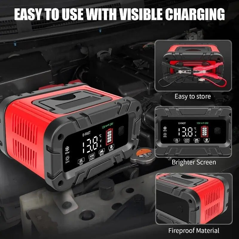 Portable 10A 12V/24V Car Battery Charger for Automotive Use with Smart Protection