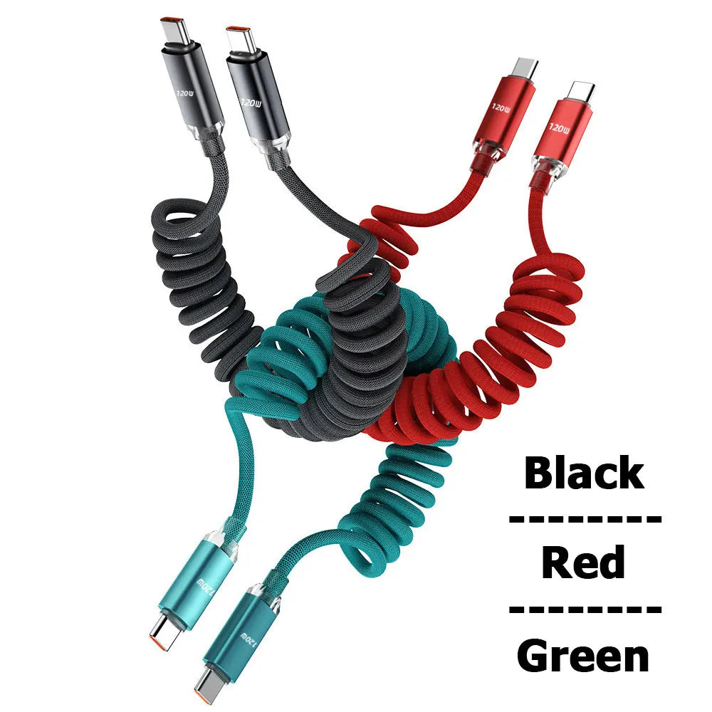 120W Car Spring Data Cable Retractable USB C To Type C Fast Charging Cable for iphone 15 16 Samsung Xiaomi USB Type C Cable