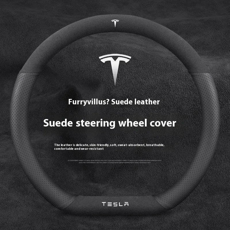For Tesla Model 3 Model Y Model S Model X Roadster Suede Anti-slip Breathable Leather Car Steering Wheel Cover Auto Accessories CM World