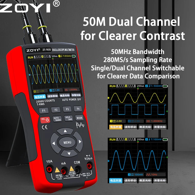 ZOYI ZT-703 Handheld digital oscilloscope multimeter three-in-one two-channel oscillometer signal generator electrician CM World