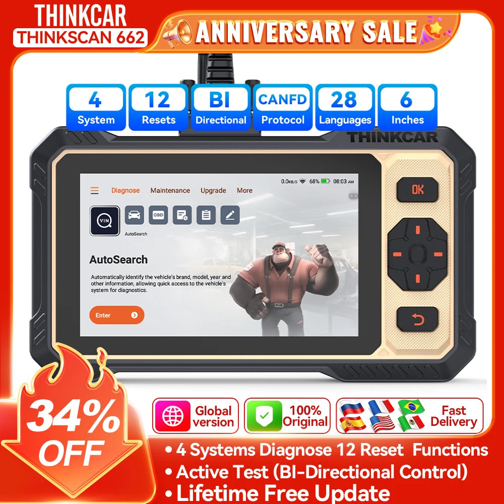 THINKCAR THINKSCAN 662 4 System Car Diagnostic Tool Auto Scanner 12 RESET Bi-Directional Control CAN FD Obd2 Code Reader Car Mobile World