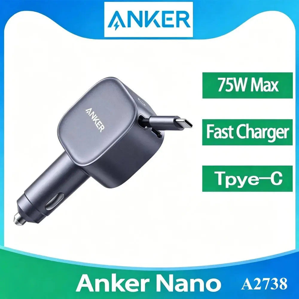 Anker A2738 Nano 75W USB-C Car Charger Built-in Retractable Type-C Cable Fast Car Adapter for iPhone Samsung MacBook Car Mobile World