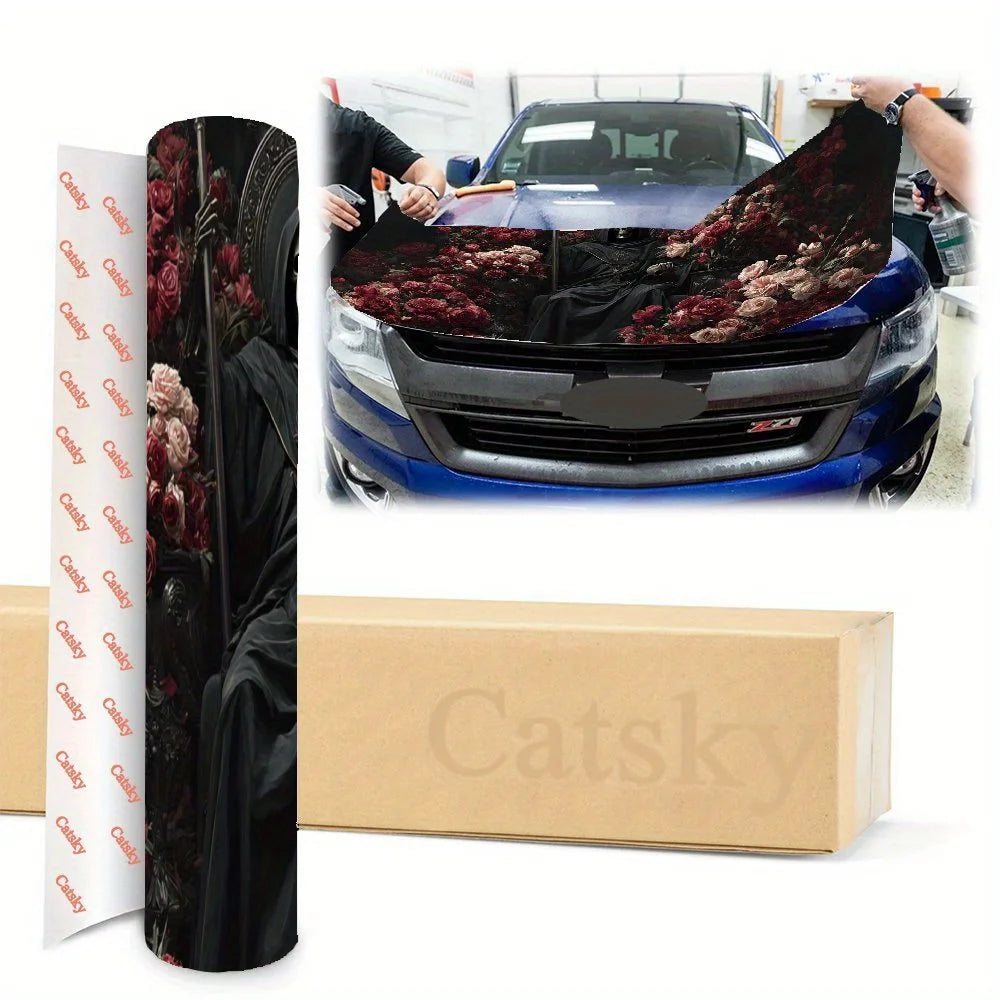 Dark Reaper & Rose Car Vinyl Wrap, PVC Waterproof Car Hood Sticker, Self-Adhesive Scratch-Resistant Stickers for Engine Cover, C