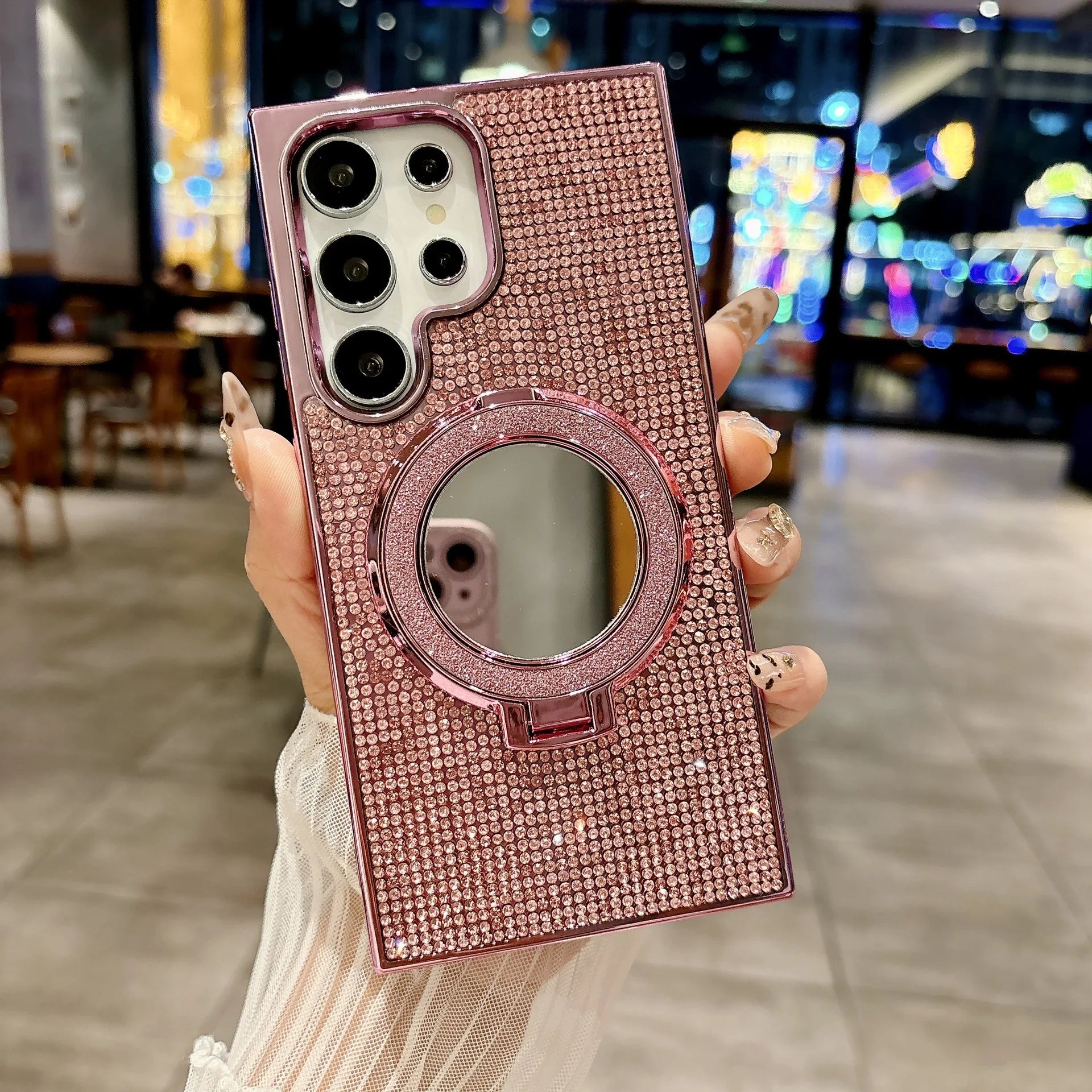 Glitter Stand Mirror Magnetic Cover For Samsung Galaxy S26 S25 Plus S22 S23 S24 Ultra Plating Folding Bracket Diamond Phone Case