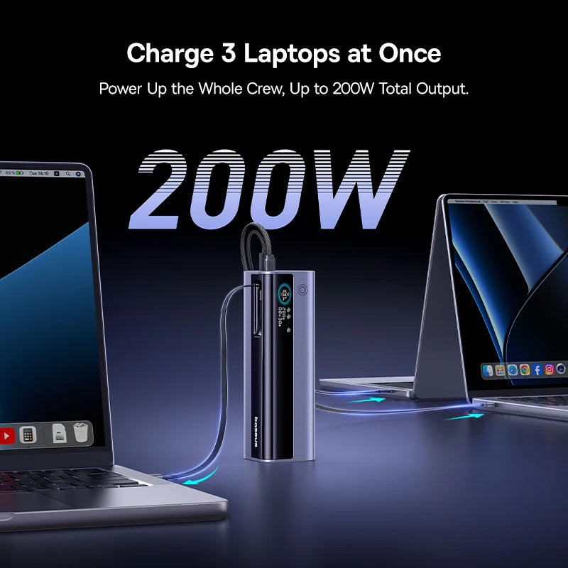 Baseus 200W 25000mAh Power Bank Dual Retractable USB-C Cables 4-Device Fast Charge Portable External Battery Charger For Laptop Car Mobile World