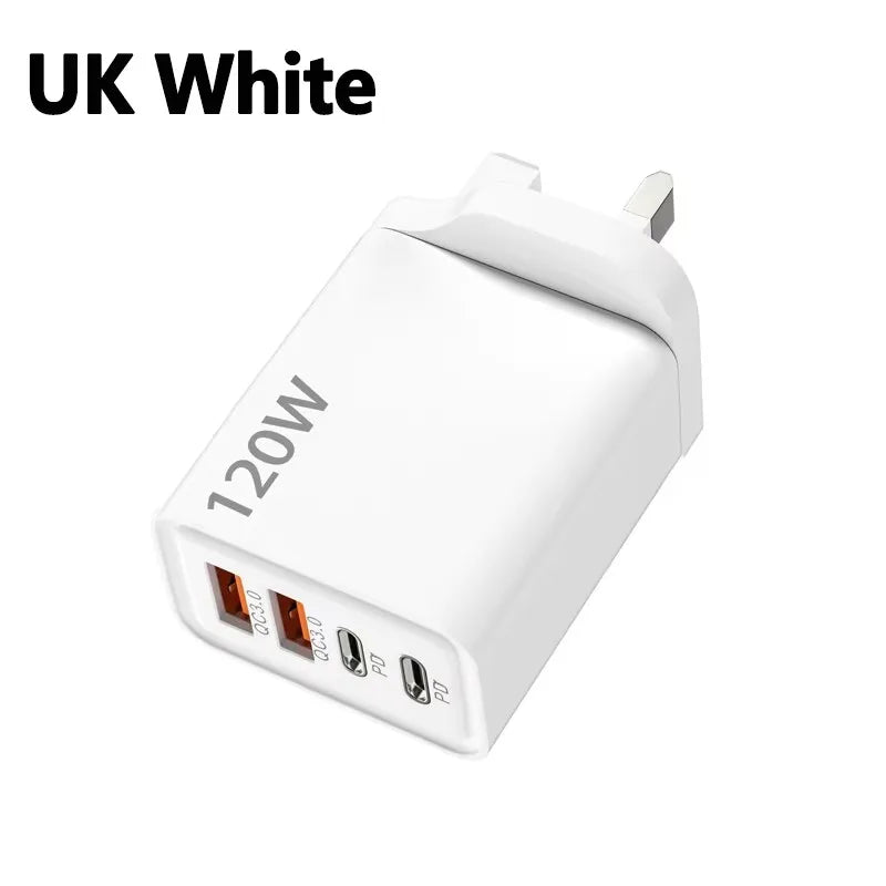 4 Ports 120W Charger USB C PD Quick Charge 3.0 Type C USB Phone Chargers Fast Charging Adapter For iPhone Samsung Xiaomi Huawei Car Mobile World