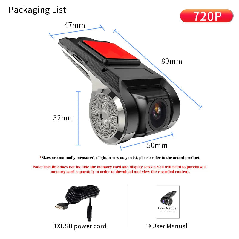 720P USB Dash Cam with ADAS & 170° Wide Angle – HDR/WDR Night Vision for Android Car Player Car Mobile World