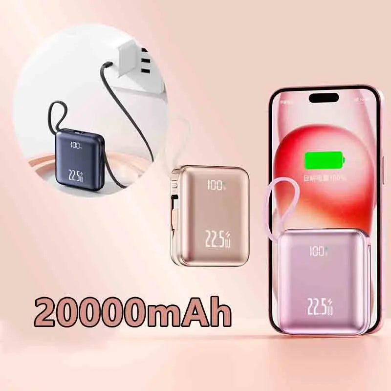 CCC Certificated Mini Cute Power Bank Built-in Cable 20000mAh 22.5W Fast Charging External Battery for IPhone Samsung Xiaomi