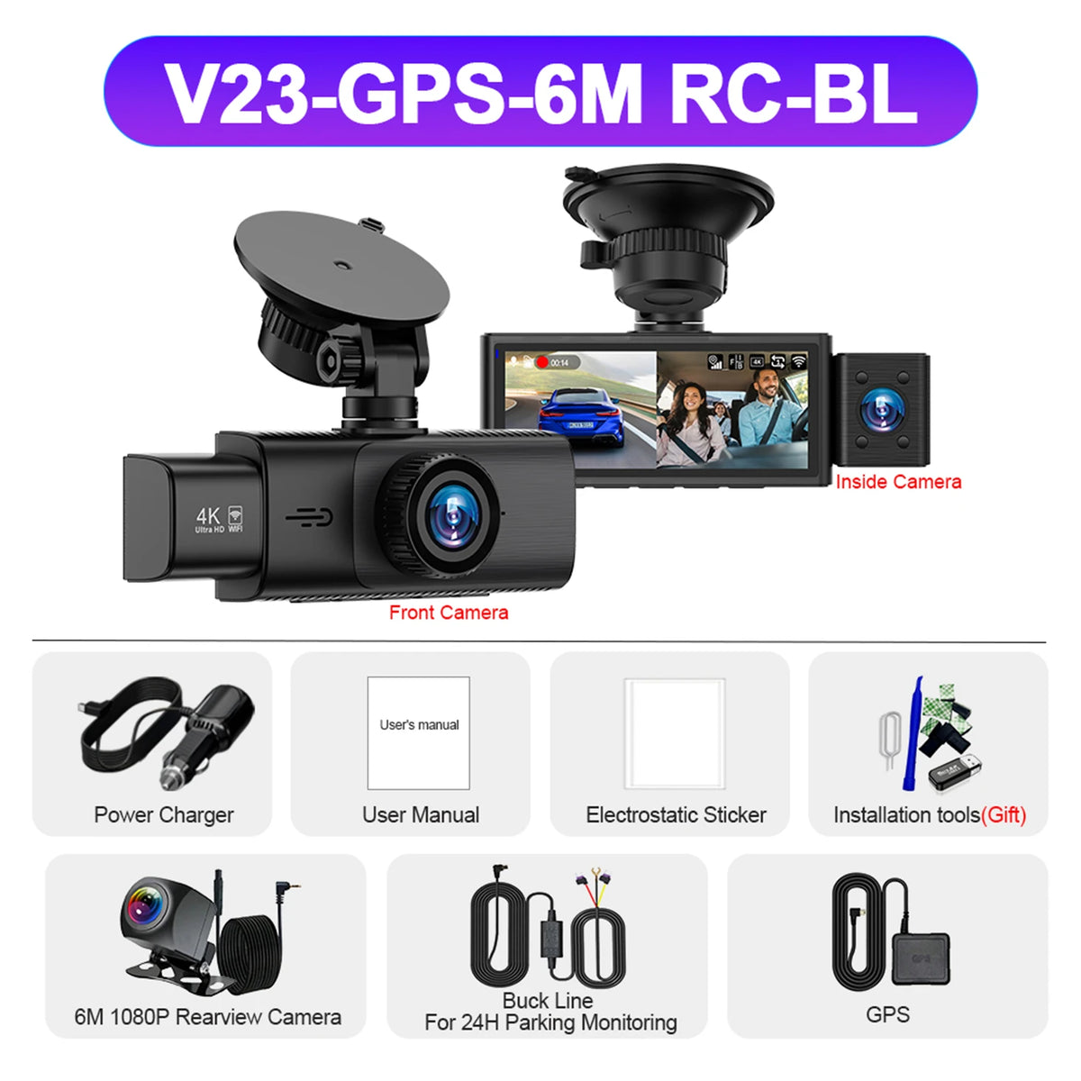 3 Channel WiFi 4K Dash Cam Front and Inside DashCam 1080P Rear Camera Night Vision 24H Parking Car DVR Black Box Support GPS
