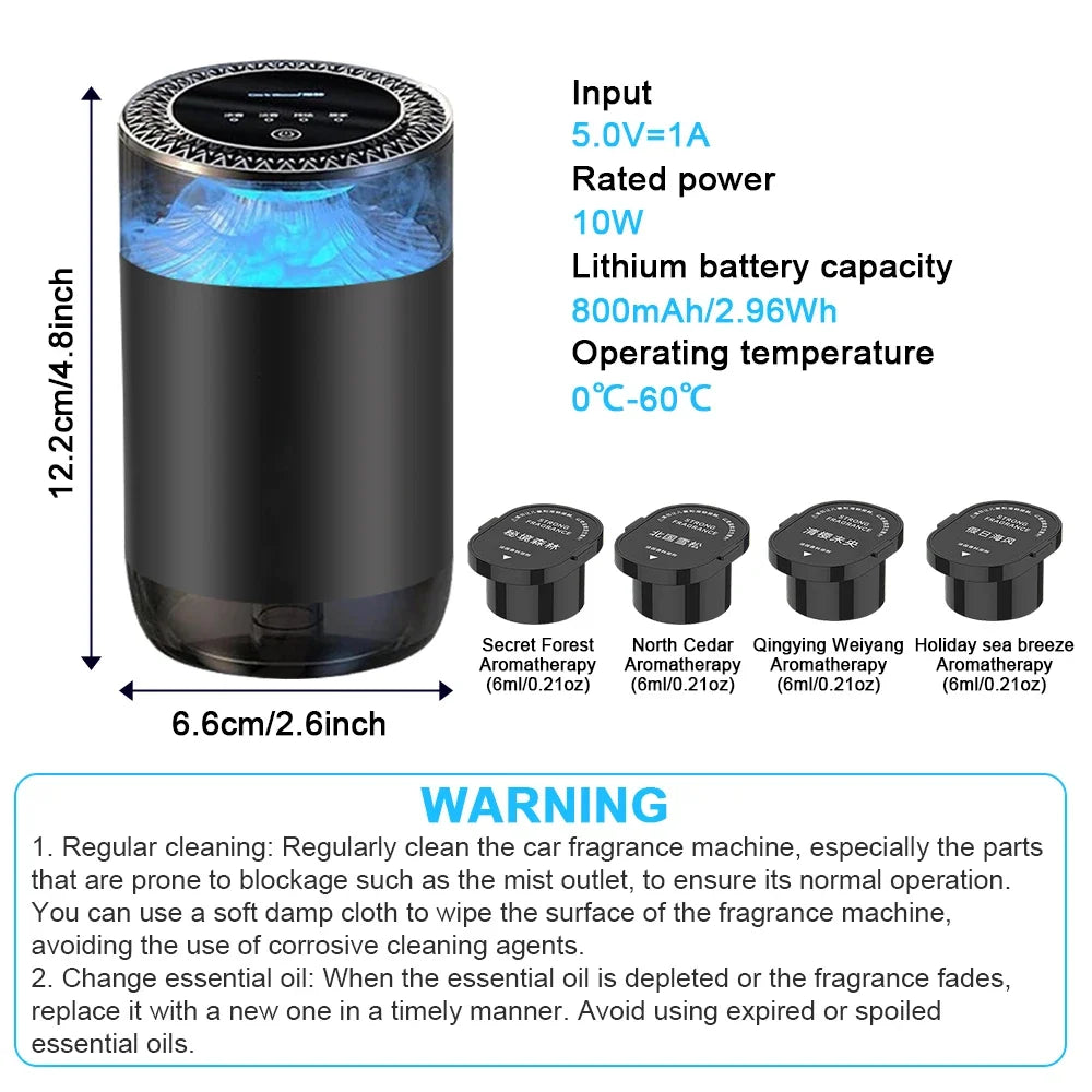 Smart Car Air Freshener, Automatic Car Air Freshener Diffuser with Ambient Light, Car Diffuser with 2 Essential Oil Cartridges,